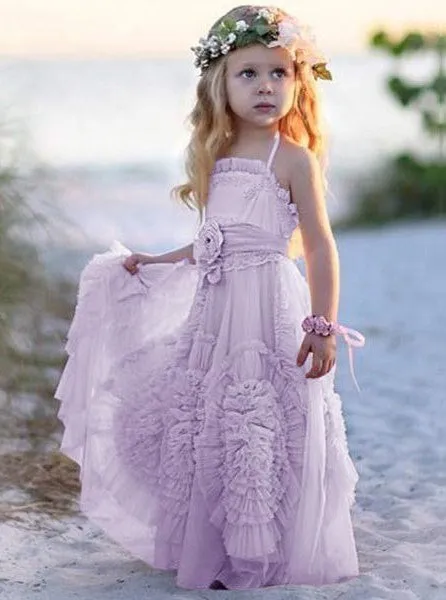 Chic Flower Girl Dress Halter Blush Tulle With Ruffles Flowers OF101