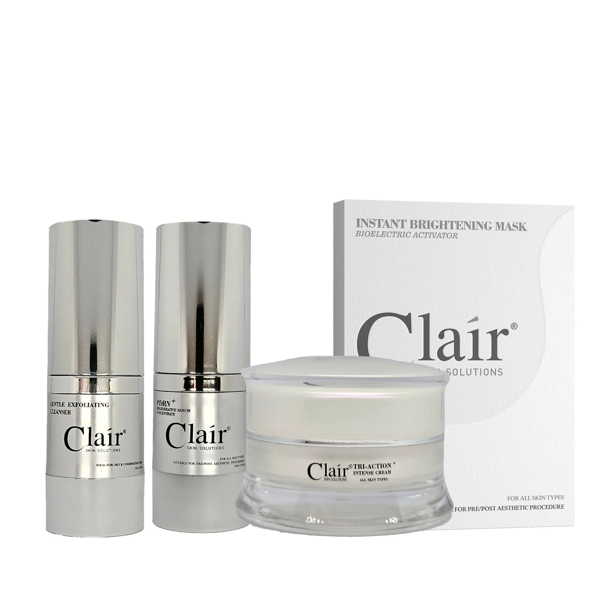 Clair® Skin Solutions Starter Kit (Gentle Exfoliating Cleanser 15ml, PDRN  Regenerative Serum Concentrate 15ml, Tri-Action  Intense Cream 15ml, Instant Brightening Mask 2's 25ml)