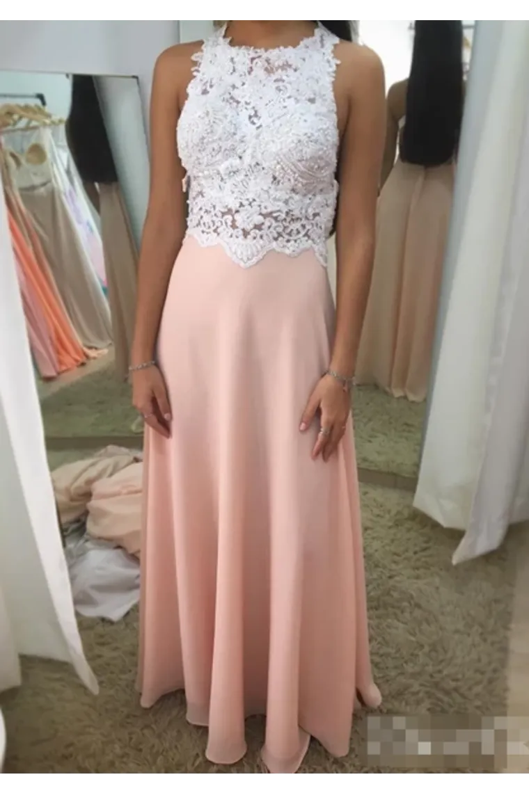 Halter Neck Ivory Top Beadings Blush Crepe Chiffon Prom Dresses