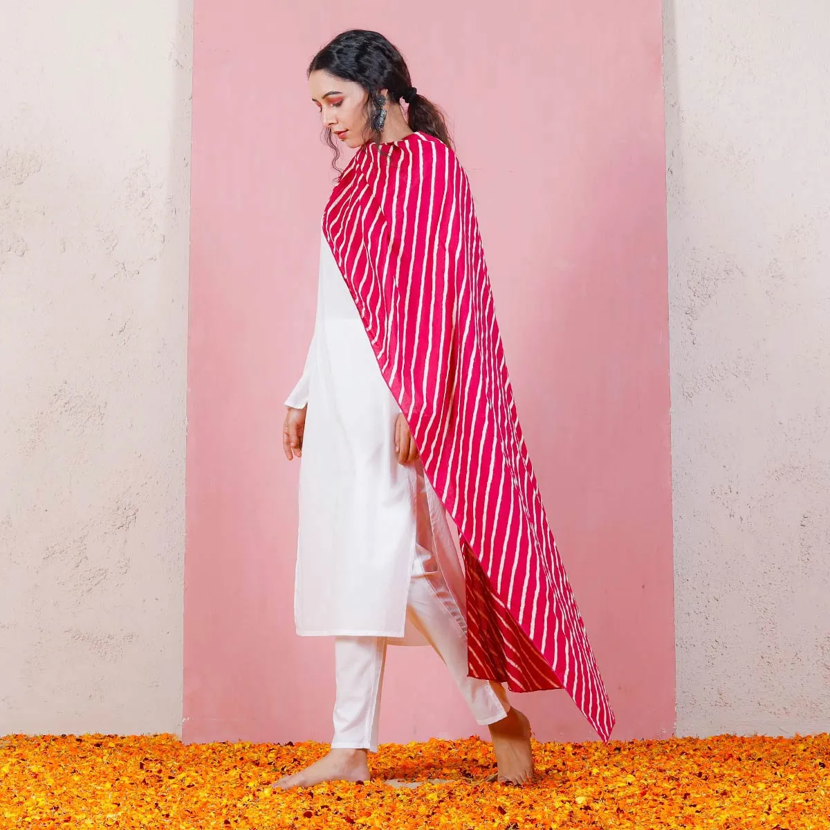 Pink & White Leheriya Inspired Dupatta with Bell Sleeved Salwar Kurta Set