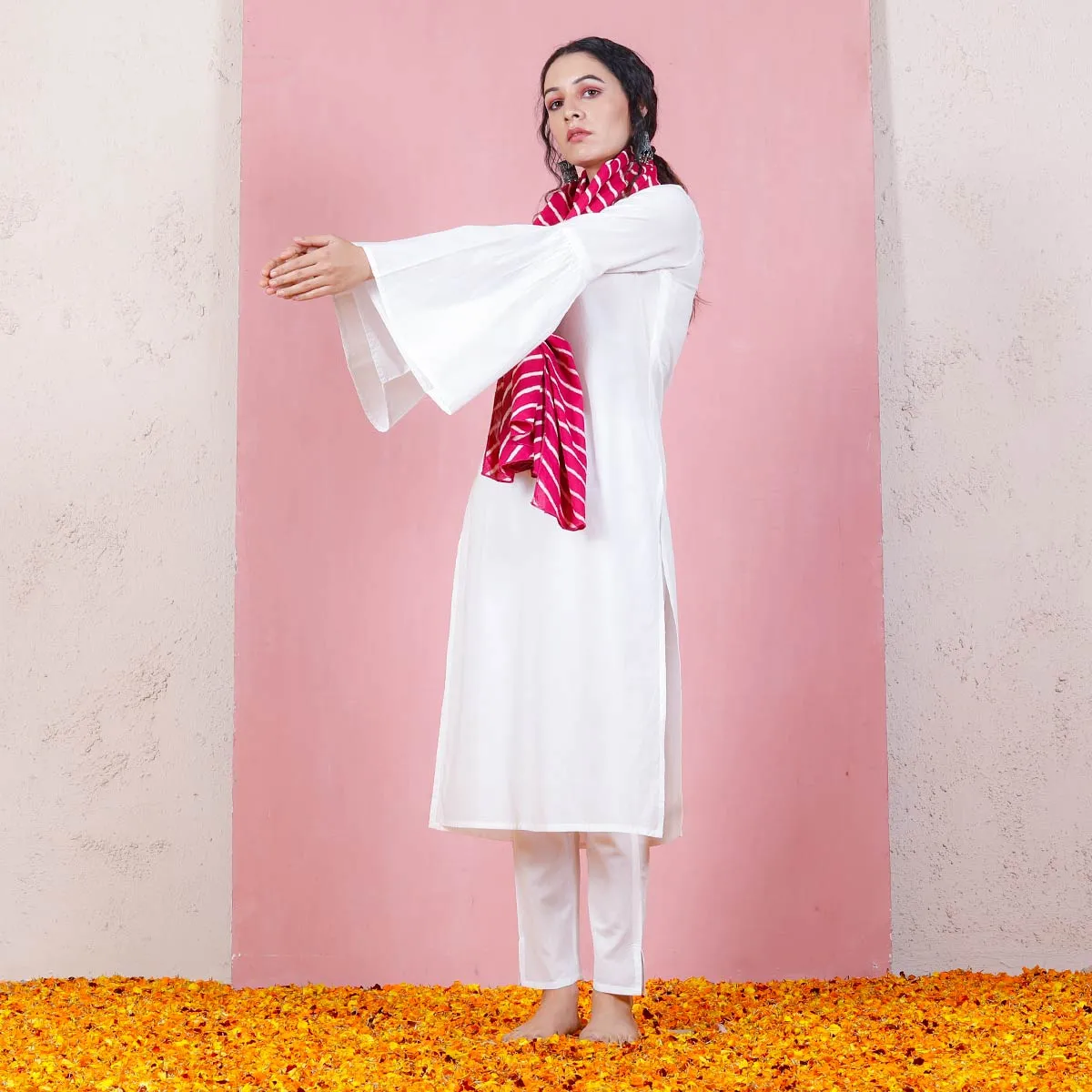 Pink & White Leheriya Inspired Dupatta with Bell Sleeved Salwar Kurta Set