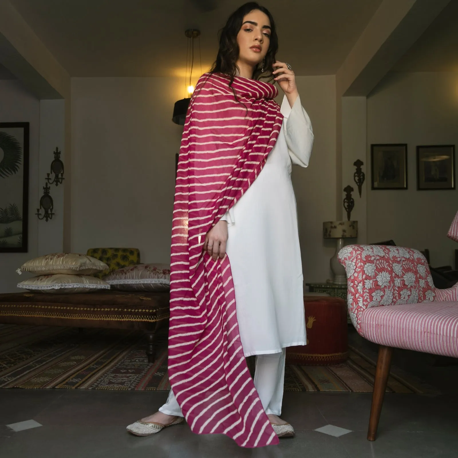 Pink & White Leheriya Inspired Dupatta with Bell Sleeved Salwar Kurta Set