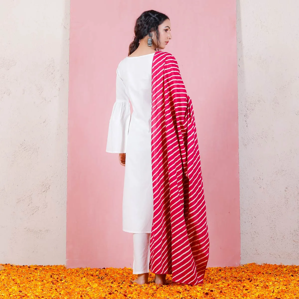 Pink & White Leheriya Inspired Dupatta with Bell Sleeved Salwar Kurta Set