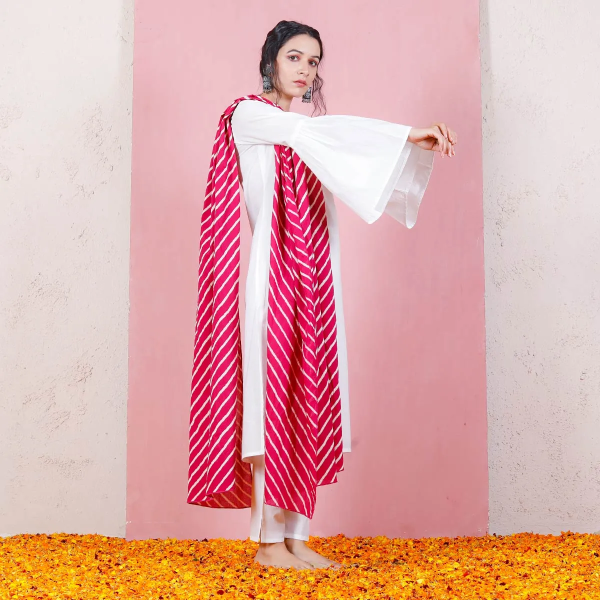 Pink & White Leheriya Inspired Dupatta with Bell Sleeved Salwar Kurta Set