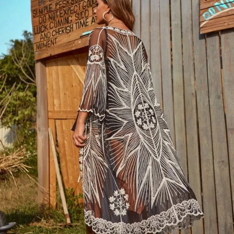 Sunflower Design  Hollow Lace Beach Cover-up