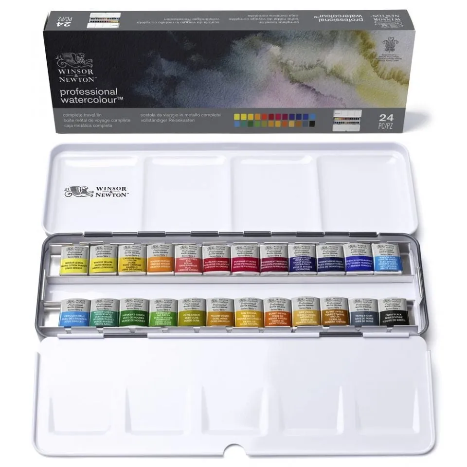 Winsor & Newton Professional Watercolour Complete Travel Tin, 24 Half Pans